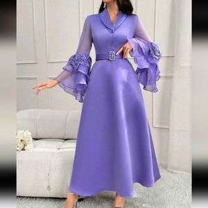 Shawl Collar Contrast Mesh With Belt Long Flounce Sleeve Arabian Modest Dress